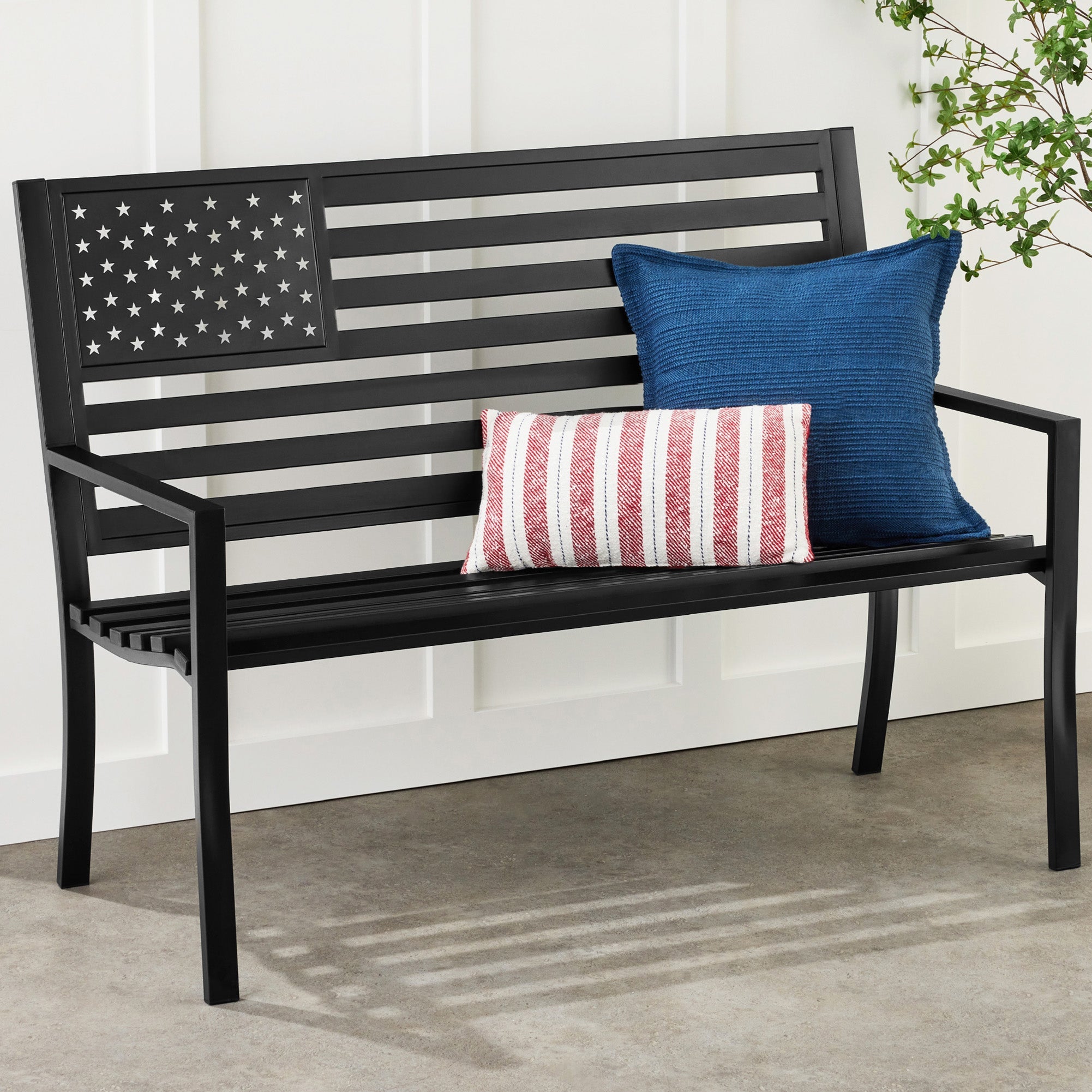 Indoor Outdoor Steel Bench w/ American Flag Backrest 790lb Capacity