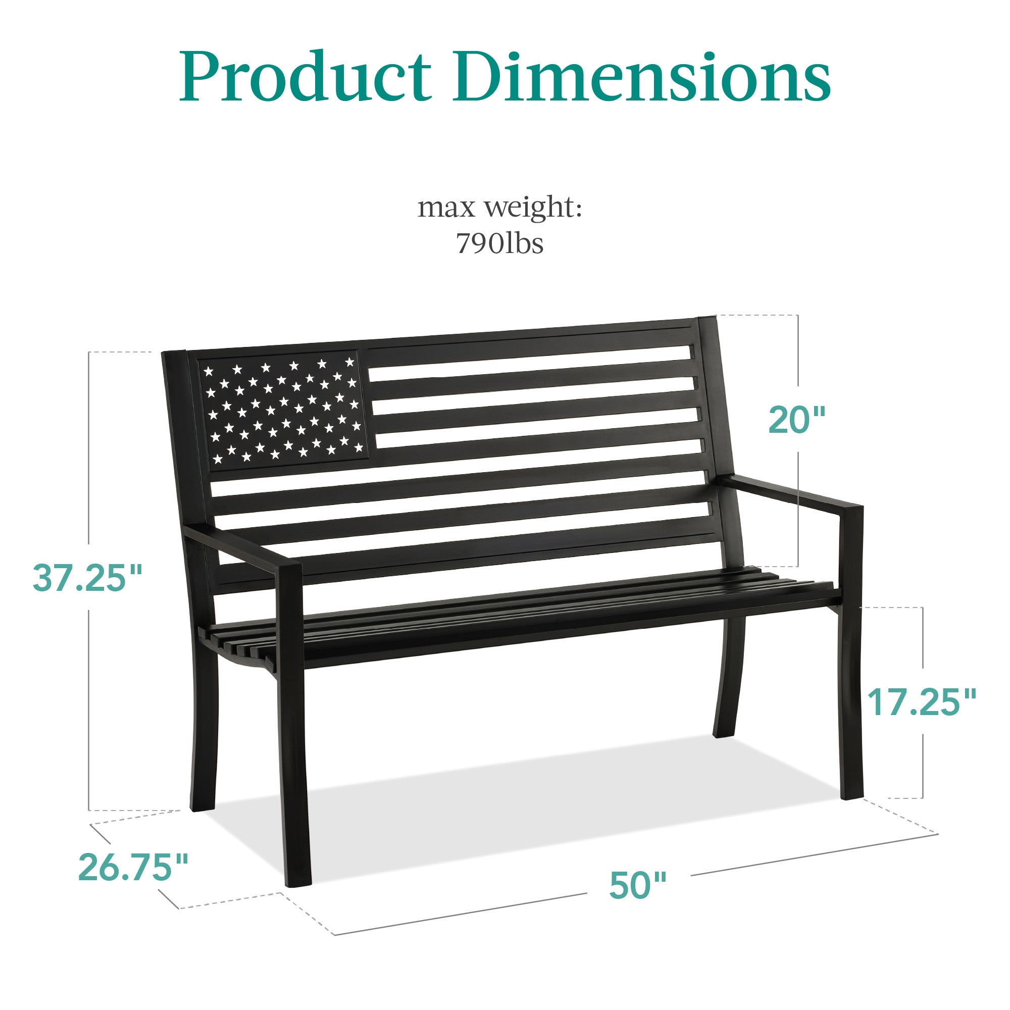 Indoor Outdoor Steel Bench w/ American Flag Backrest 790lb Capacity
