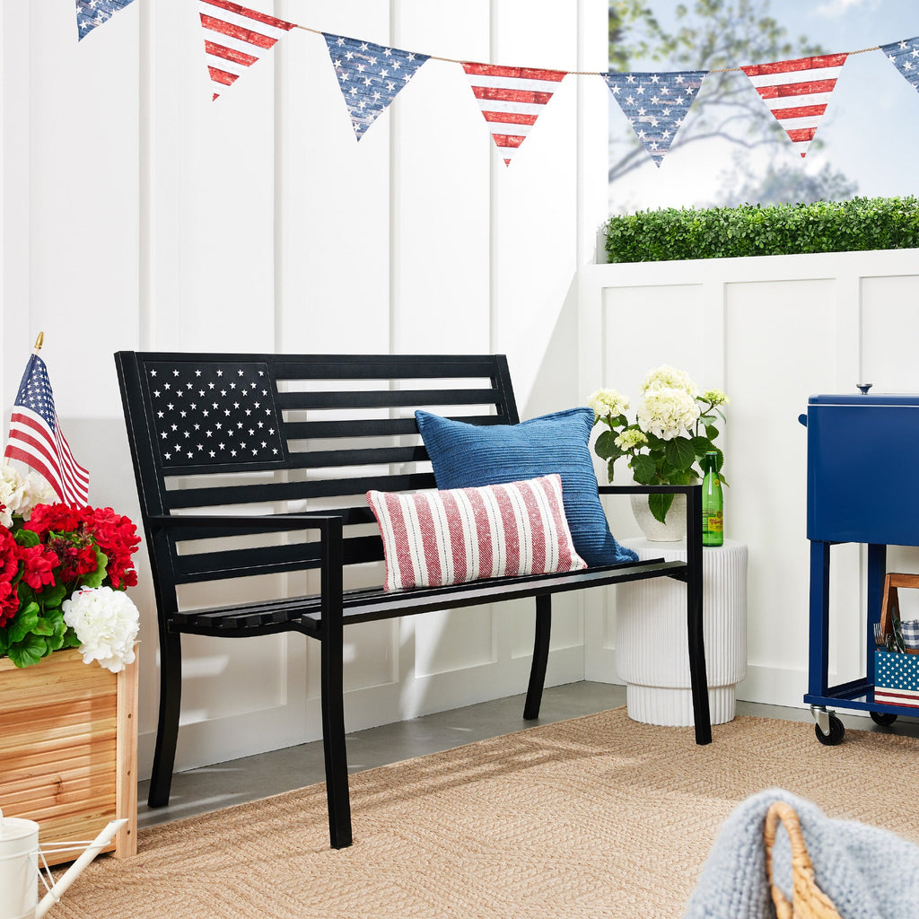 Indoor Outdoor Steel Bench w/ American Flag Backrest 790lb Capacity