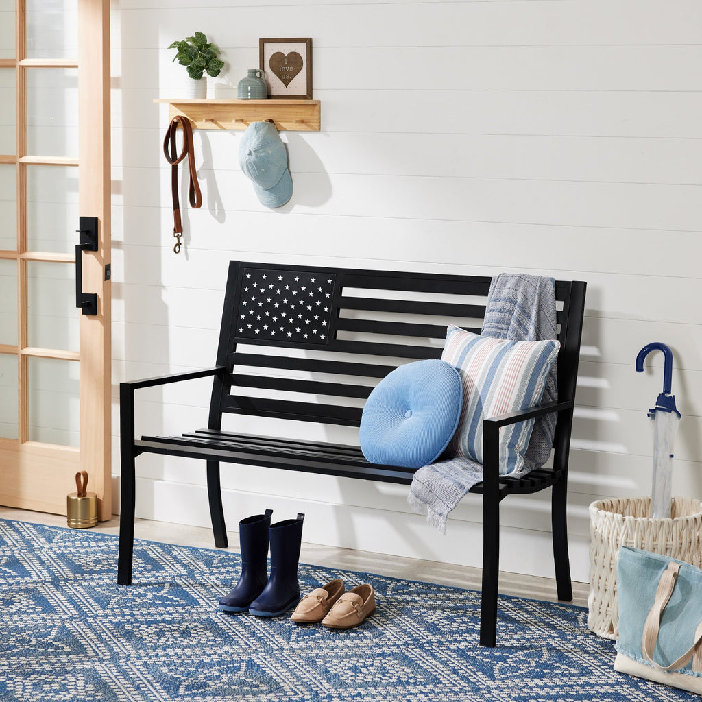 Indoor Outdoor Steel Bench w/ American Flag Backrest 790lb Capacity