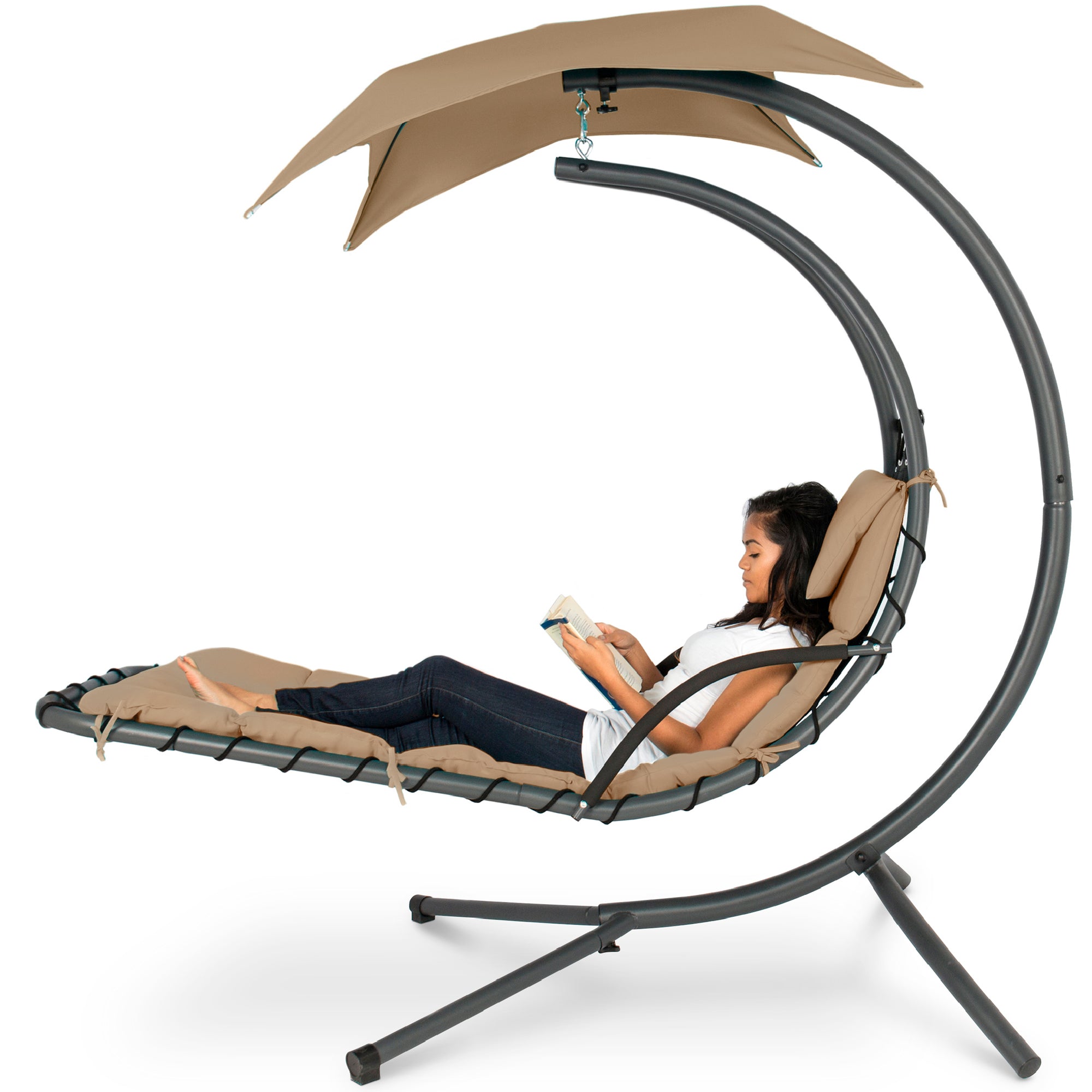 Hanging Curved Chaise Lounge Chair w/ Built-In Pillow Removable Canopy