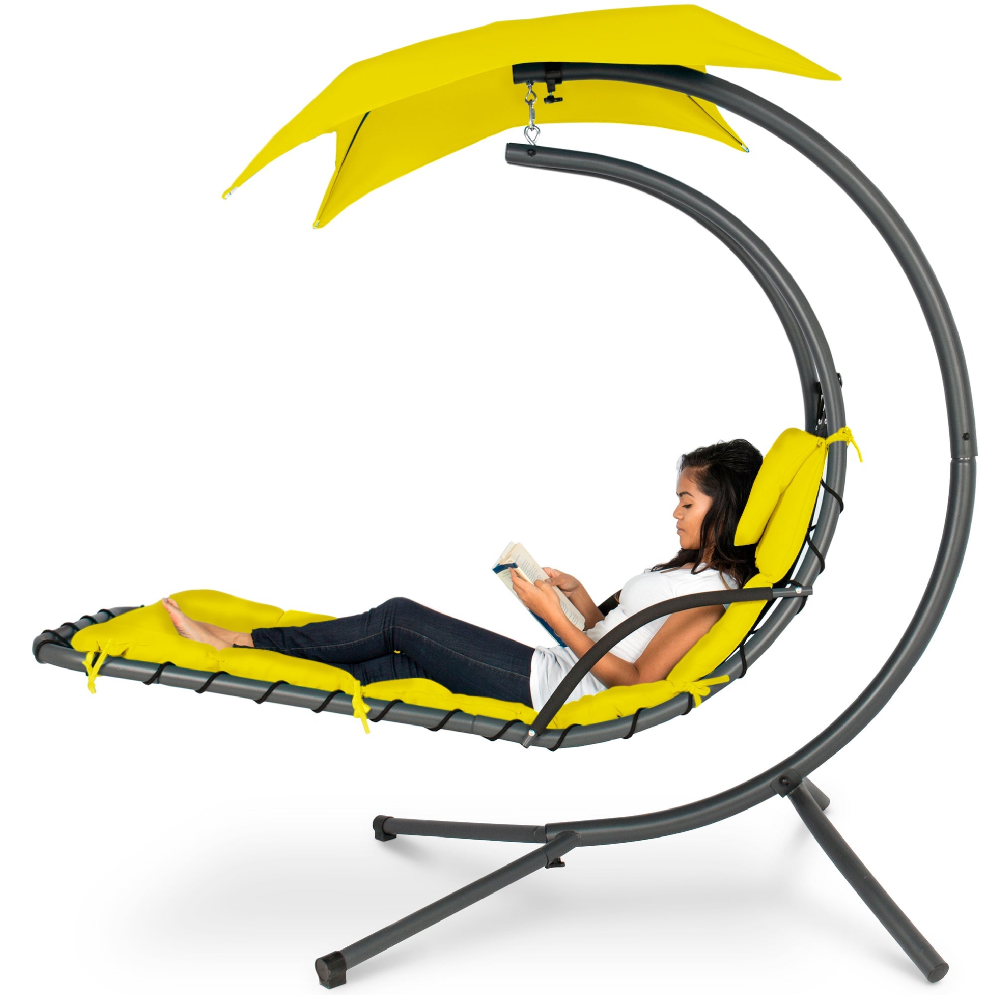 Hanging Curved Chaise Lounge Chair w/ Built-In Pillow Removable Canopy