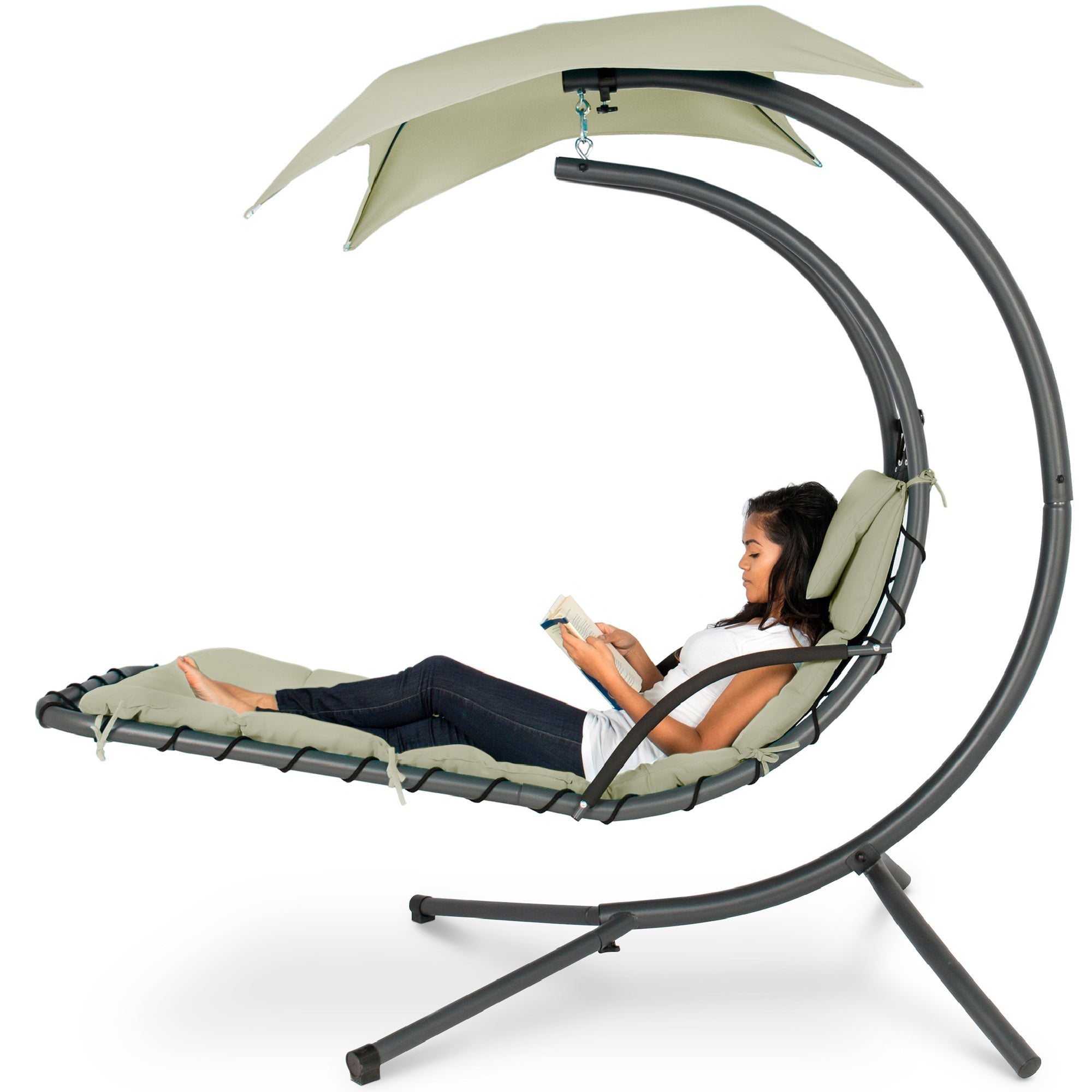 Hanging Curved Chaise Lounge Chair w/ Built-In Pillow Removable Canopy