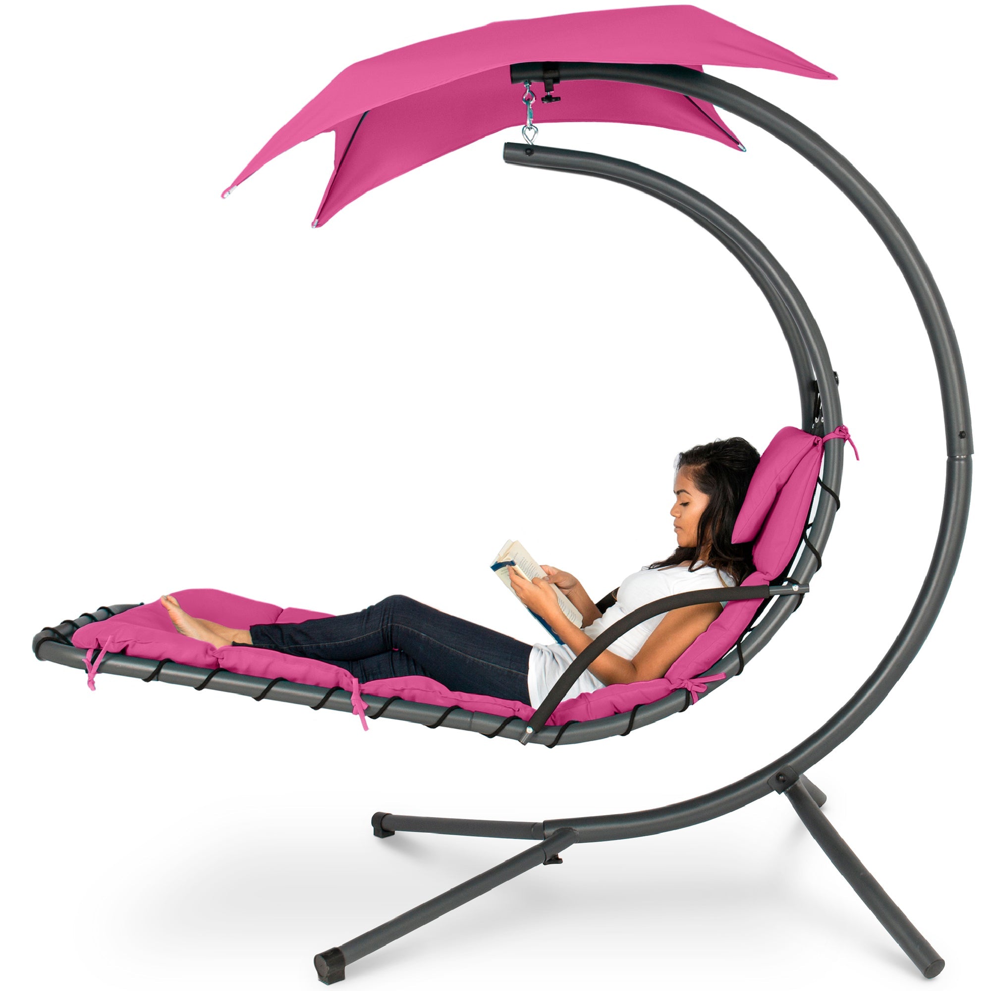 Hanging Curved Chaise Lounge Chair w/ Built-In Pillow Removable Canopy