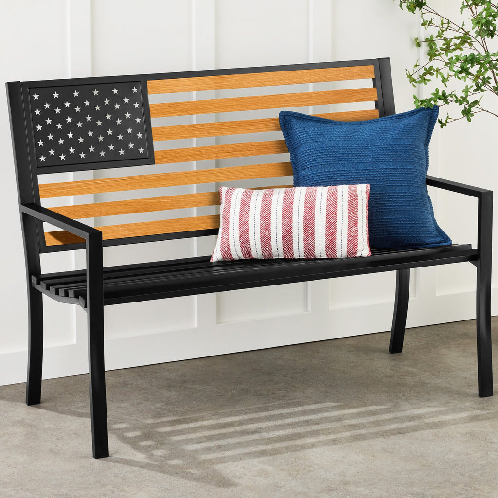 Indoor Outdoor Steel Bench w/ American Flag Backrest 790lb Capacity